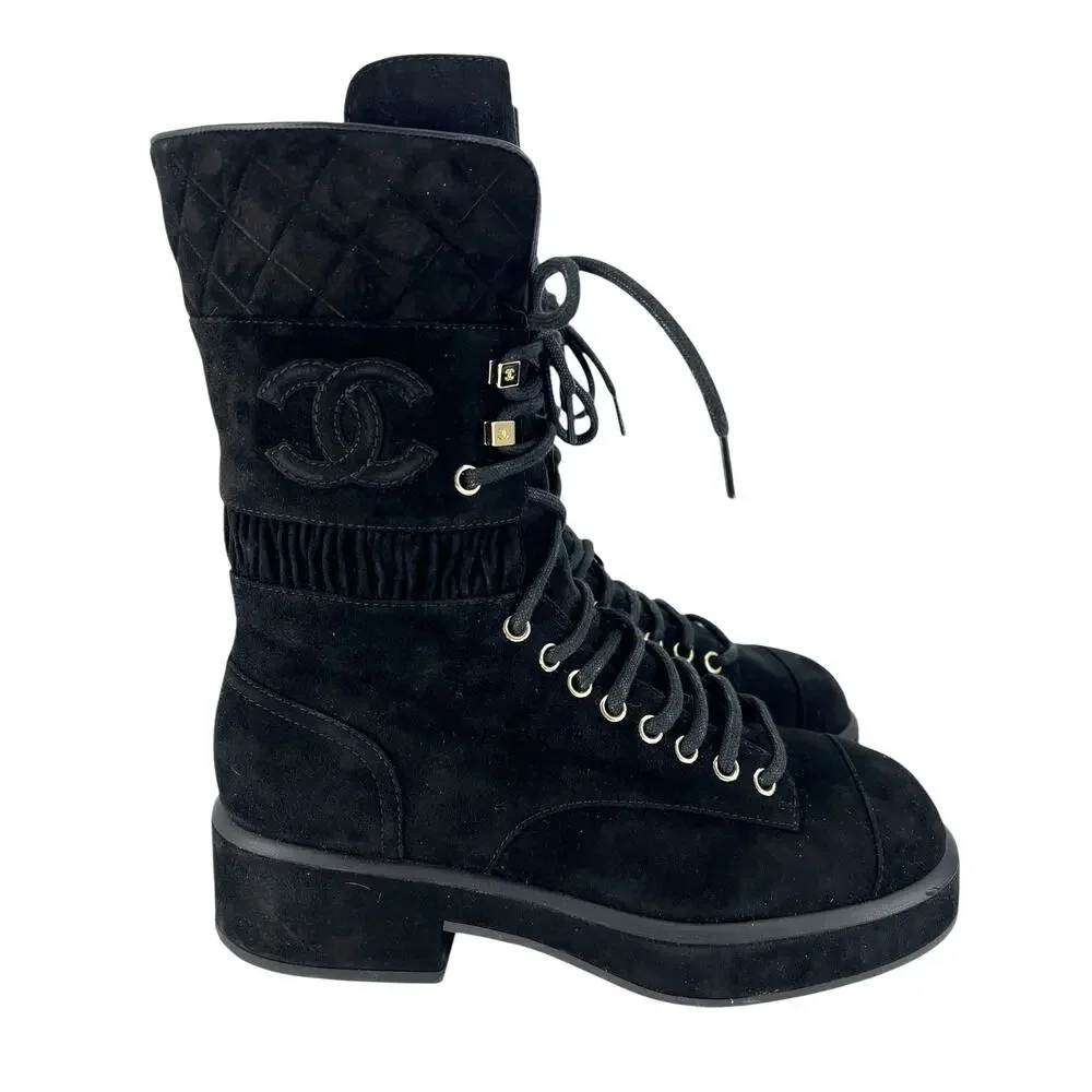 Chanel CC Suede Quilted Lace Up Combat Cap Toe Boots in Black